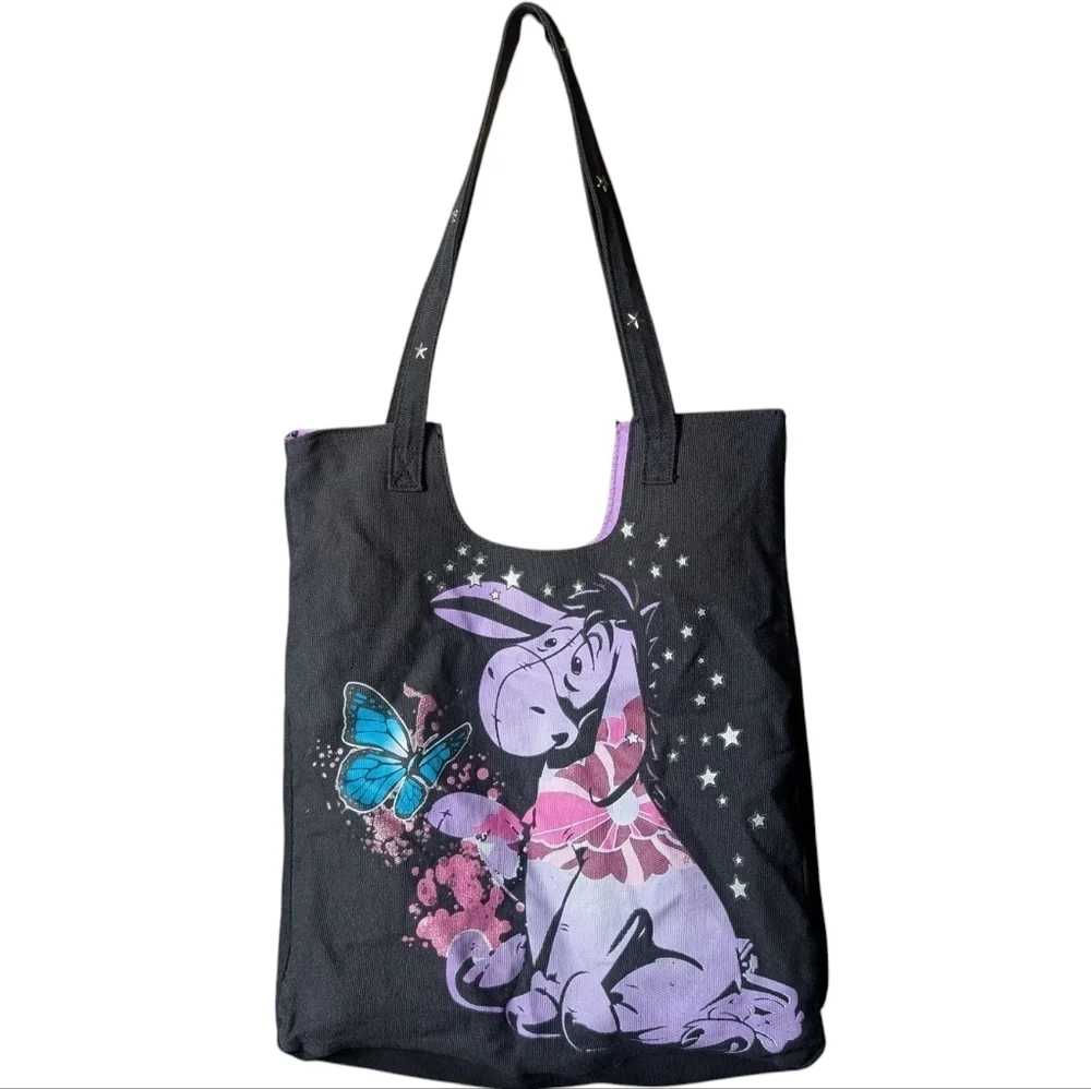 Disney Eeyore Tote Bag Donkey Winnie Pooh Butterflies Stars Black Purple EUC